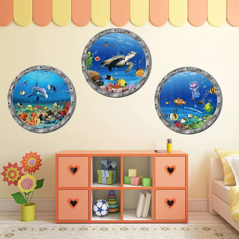 9 Piece Ocean Animals Wall Sticker Set With 3D Look Removable Peel And Stick Vinyl Decals on living room wall