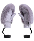 Pair of Womens Winter Ski Gloves With Faux Fur Palm And Sheepskin Lining, lavender color, side view, windproof design.
