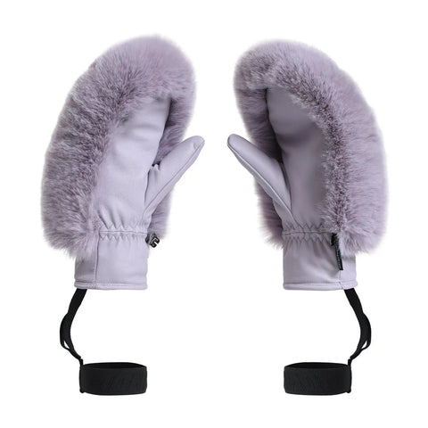 Pair of Womens Winter Ski Gloves With Faux Fur Palm And Sheepskin Lining, lavender color, side view, windproof design.
