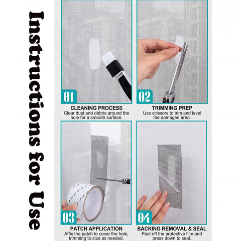Instructions for using Self Adhesive Screen Repair Tape Two Roll Kit 5 Cm By 2 M Each Mesh Patch For Window Screens Doors And Gaps DIY Friendly.