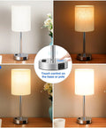 Set Of 2 Bedside Lamps With 3 Way Dimming USB C And USB A Ports And Outlets, touch control demonstration with linen shade, silver base.