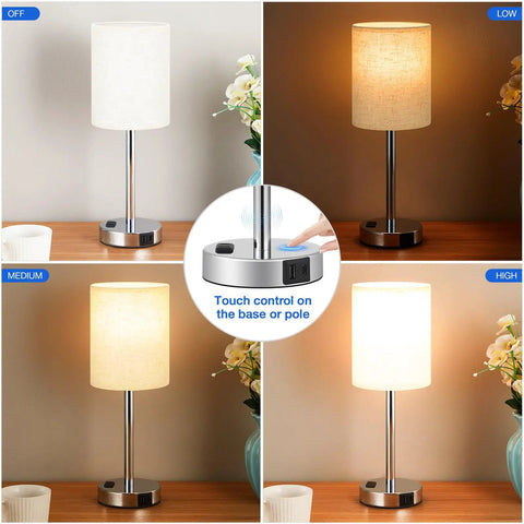 Set Of 2 Bedside Lamps With 3 Way Dimming USB C And USB A Ports And Outlets, touch control demonstration with linen shade, silver base.