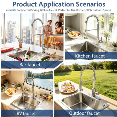 Rock Solid Brushed Nickel Kitchen Faucet With Pull Down Sprayer And 18.5 Inch High Arc Spout used in bar, kitchen, RV, and outdoor settings.