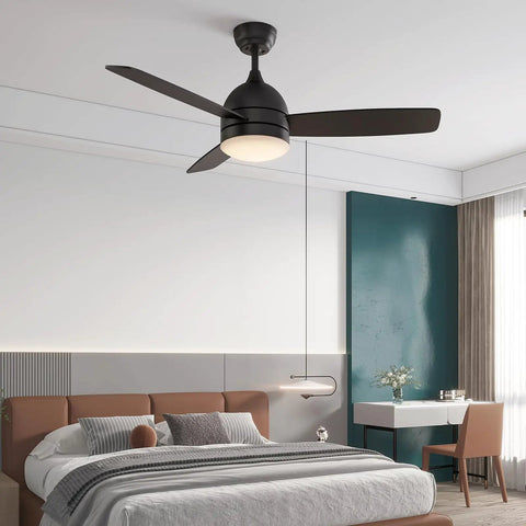 Ceiling Fan With Lights And Remote Control 48 Inch Black Finish Dimmable LED Light Quiet Silent Motor 3 Blades Over Bed