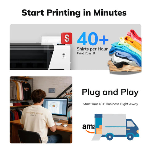 Lightning Fast A3 Plus DTF Printer Bundle With F1080 Printhead And Slick Direct To Film T Shirt Maker Kit Loaded With Auto Shaker Air Scrubber Plus Plug And Play Laptop Setup Built For Everyday Hustlers Craving Knockout Apparel Graphics Zero Hassle. Image showing printer, colorful t-shirts, and a user designing a graphic.