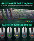 Wireless Mechanical Keyboard And Mouse Combo With Tri Mode Connectivity And Glowing Rgb Backlighting For Zero Cable Chaos And Sick Gaming Setups On Any Clean Office Desk In Matte Black, featuring RGB keyboard and mouse.
