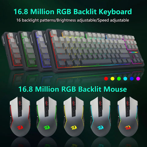 Wireless Mechanical Keyboard And Mouse Combo With Tri Mode Connectivity And Glowing Rgb Backlighting For Zero Cable Chaos And Sick Gaming Setups On Any Clean Office Desk In Matte Black, featuring RGB keyboard and mouse.