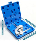 Heavy-Duty Vernier Bevel Protractor Made From Tough Carbon Steel Frame with blue storage case showing dimensions.