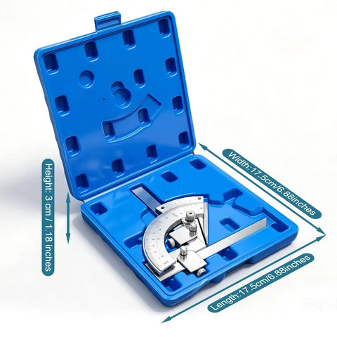 Heavy-Duty Vernier Bevel Protractor Made From Tough Carbon Steel Frame with blue storage case showing dimensions.