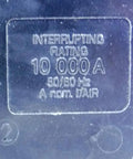 Close-up of 10,000A interrupting rating on Beefy 100 Amp 3 Pole 240V 3-Phase Bolt-On Circuit Breaker, Black Finish, Model QOB3100.