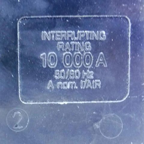 Close-up of 10,000A interrupting rating on Beefy 100 Amp 3 Pole 240V 3-Phase Bolt-On Circuit Breaker, Black Finish, Model QOB3100.