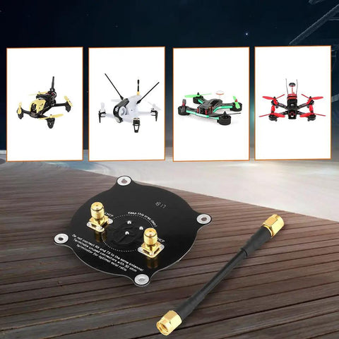 5.8GHz Triple-Feed Patch Antenna With 9.4dBi Beefed-Up High Gain, shown with FPV racing drone compatibility display