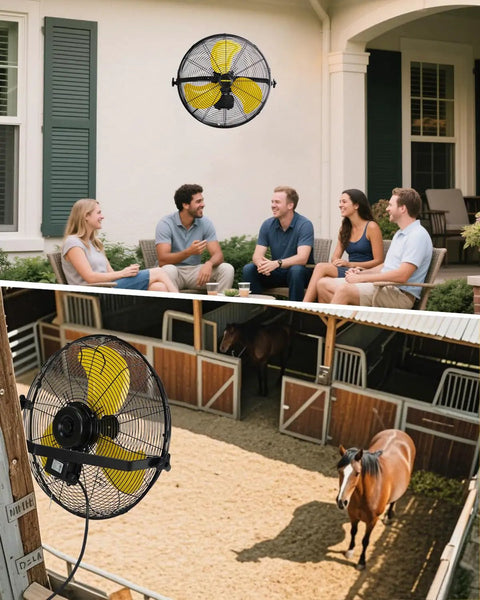 Beefy Waterproof 20 Inch Wall Mount Fan With High Velocity Airflow, shown in home patio and barn settings, IPX4 Ready, ETL Listed