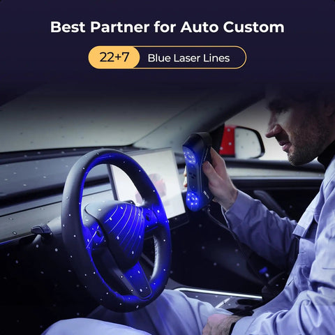 Raptor Pro 3D Scanner Delivers Metrology Grade Accuracy Up To 0.02mm At 60FPS With Blue Laser Array And NIR Structured Light For Fast, Pinpoint Precision Scans Of Medium To Large Objects For 3D Printing. Scanning car interior with blue laser lines