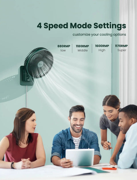 Wall Mounted Oscillating Fan With Remote And Timer For Home And RV Use, 8.5 Inch Compact Fan shown operating in office.