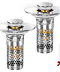 Built To Last Pop Up Bathroom Sink Stopper With Removable Strainer Filter Hair Catcher Solid Brass Drain Assembly No Sweat Replacement For Home Vanities Two Pack showing two shiny brass strainers with cleaning brush.