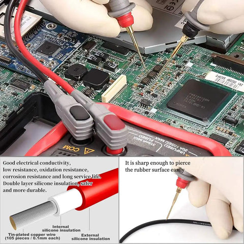 Pro Grade 25 Piece Multimeter Leads Kit With Replaceable Gold Plated Probes testing electronics on a circuit board