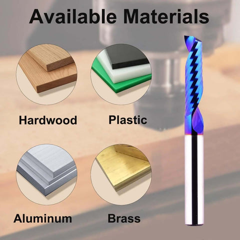 Front view of a 1/4-inch shank, single-flute CNC router bit with blue spiral end mill for aluminum and plastic.
