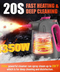 Heavy Duty Handheld Steam Cleaner With Lockable Button And 11pcs Accessories, Unlimited Water For Continuous Steaming, Multi Purpose Machine Great For Car, Grout, Home Cleaning Tasks In Purple Color showing steam blast feature.