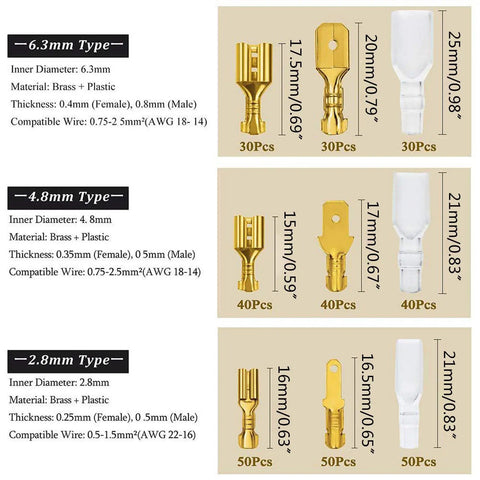 Super Cool Female And Male Spade Terminals Assortment Kit With Nylon Insulating Sleeves For Easy Wire Crimping And Professional Electrical Connections In 480 Piece Set, 6.3mm 4.8mm 2.8mm brass