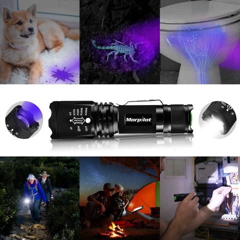 Collage of 2 In 1 Led UV Blacklight Flashlight 395Nm with 500 lumen, used for pet urine detection, scorpions, and camping.