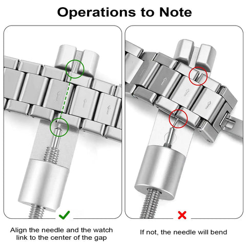 Watch Link Removal Kit With Six Extra Pins And Hammer For Easy Bracelet Removal And Band Size Adjustment guide illustration
