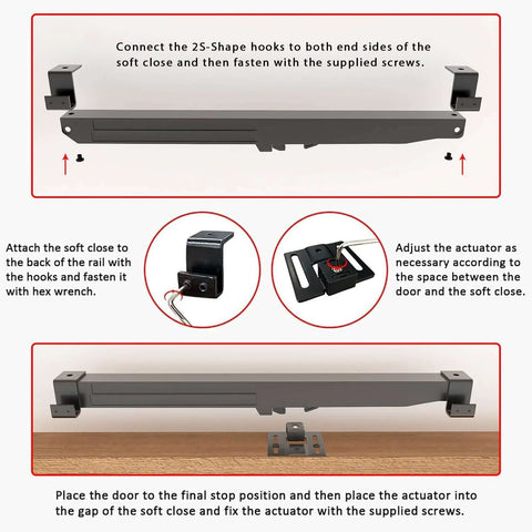 Installation steps for Hole-Free Barn Door Soft Close Mechanism, Upgraded Sliding Door Hardware With Spring Buffer Damper shown.