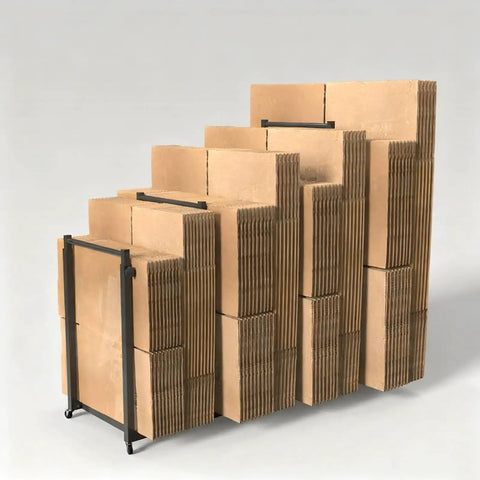 Heavy Duty Metal Cart Frame With Roll Slick Casters And A No Sweat Quick Setup For Cardboard Box Sorting Rack holding stacked cardboard boxes.