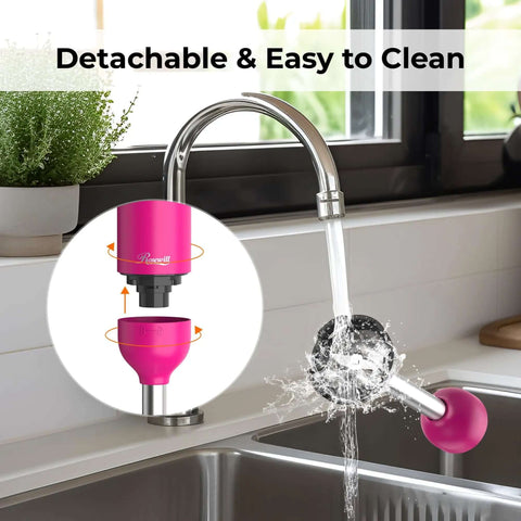 Premium Cordless Immersion Hand Blender With Heavy Duty Motor And 6 In 1 Multifunctional Attachments Including Beaker Whisk Chopper Plus Dual Beater And Milk Frother Perfect For Blending Smoothies Baby Food And Soups Without Any Cords Attached So You Can in a modern kitchen with a pink attachment on the faucet.