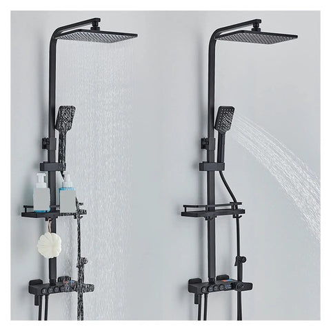 RIBEUJIZS Digital Shower System, Black Themostatic Digital Display Shower Faucet with rainfall and handheld shower heads.