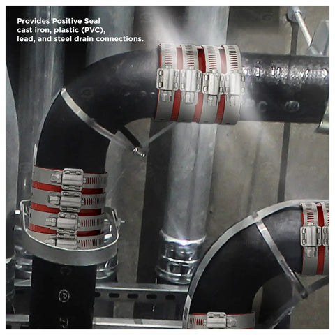 Heavy Duty No-Hub Coupling With Red Shield 4 Inch Built To Last For Joining Cast Iron Drain Waste And Vent Pipes on pipes