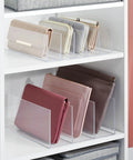 Five-Section Plastic Purse Organizer for bedroom closet with purses and clutches, measures 11 x 11 x 3.58 in, clear shatter-resistant plastic.