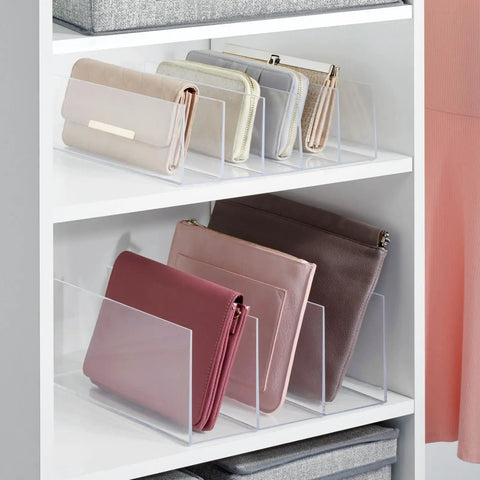 Five-Section Plastic Purse Organizer for bedroom closet with purses and clutches, measures 11 x 11 x 3.58 in, clear shatter-resistant plastic.