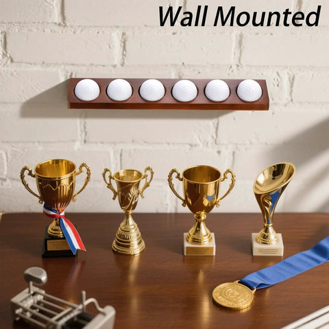 Solid Wood Golf Ball Display Case With Walnut Finish, Wall Mount Or Desktop Holder For Six Balls, Elegant Office Decor