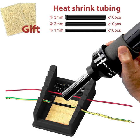 Silicone Soldering Stand With 8 Slot Tray And Third Hand Soldering Station For 32AWG To 12AWG Wires, Anti Slip Base, Tube Sponge, Helping Hands Holder, 1 Pc Black, Great For Electronics DIY And Repairs showing heat shrink tubing and soldering iron in use