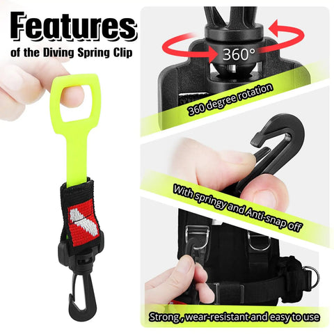 360-degree rotation features of 2 Pack Scuba Regulator Octopus Holder With Spring Clip Dive Flag Webbing And Silicone Ring.