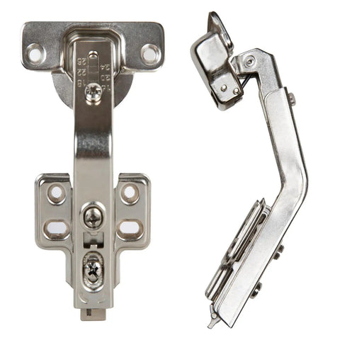 135 Degree Bi Fold Blind Corner Cabinet Hinges Full Overlay Face Frame Concealed Soft Close Hardware Two Pack shown from two angles.