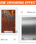 Comparison image of a rusty metal surface before use and a polished surface after using the Six Piece Non Woven Wire Drawing Flap Wheel Set.