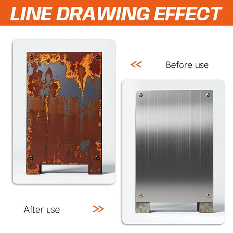 Comparison image of a rusty metal surface before use and a polished surface after using the Six Piece Non Woven Wire Drawing Flap Wheel Set.