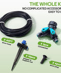40ft Push To Connect Drip Irrigation Kit With Adjustable Emitters For Garden Raised Beds Water Saving Automatic Plant Watering System Tubing And Connectors Easy Setup No Fuss, components laid out including hose, connector, dripper, and plugs