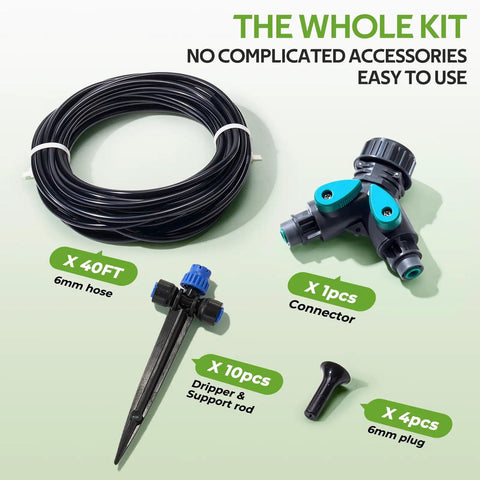 40ft Push To Connect Drip Irrigation Kit With Adjustable Emitters For Garden Raised Beds Water Saving Automatic Plant Watering System Tubing And Connectors Easy Setup No Fuss, components laid out including hose, connector, dripper, and plugs