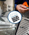210 Piece Black Pop Rivet Kit With Large Flange Aluminum Rivets In Seven Sizes One Eighth Inch Three Sixteenths Inch One Quarter Inch For DIY Projects Pro Grade Auto Repairs And More Case Included shown in use on various metal surfaces.