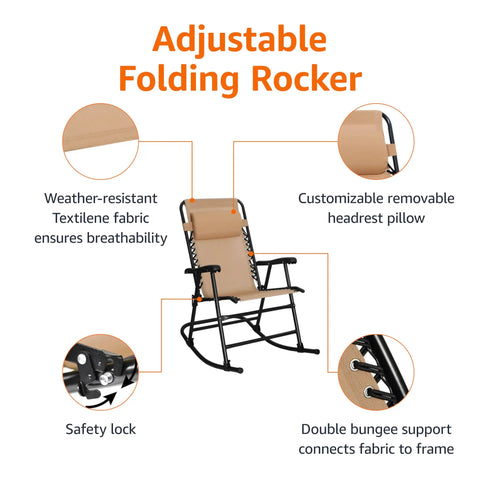 Go To Outdoor Portable Folding Rocking Chair With Headrest For Porch And Patio showcasing features like Textilene fabric and safety lock.