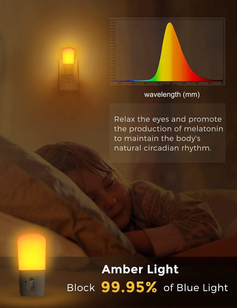 Amber Night Light With Dusk To Dawn Sensor in bedroom promoting melatonin production, child sleeping, LED, 2 pack