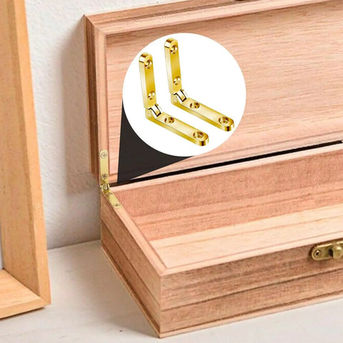 90 Degree Small Chest Hinges With Easy Install for wooden boxes, shown on a jewelry box corner in a gold finish.