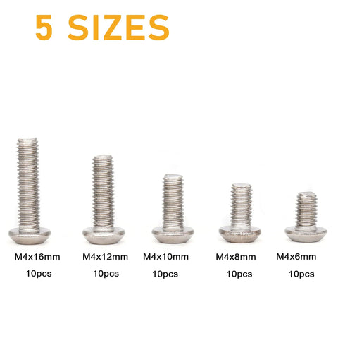 Front view of 50 Piece M4 Torx Security Screws Set With T20 Wrench, Tamper Proof, Stainless Steel 304, 5 sizes shown