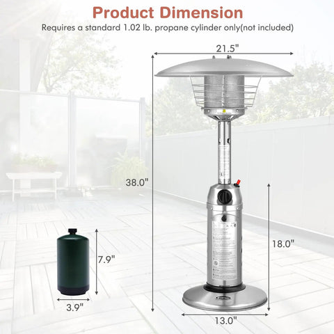Outdoor Propane Patio Heater 11,000 BTU Portable Tabletop With Weighted Base Stainless Steel Adjustable Thermostat
