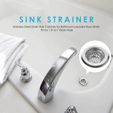 Mini Stainless Steel Bathroom Drain Strainer Two Pack With Two Point One Seven Inch Diameter And Two Millimeter Micro Perforations Rust Free Anti Clog Shield in sink.