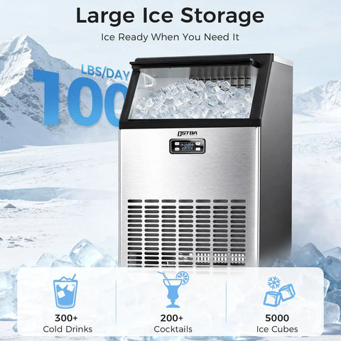 Straight Fire Commercial Ice Maker Cranks Out 100 Pounds Daily With 33 Pounds Storage Drops Crystal Clear Cubes in stainless steel finish.