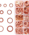 Heavy Duty Copper Washer Set 50 To 200 Pcs Gasket Kit M4 To M14 For Sump Plugs And Automotive Repairs Heat Resistant Copper Ring Seals Universal Fit And Durable Copper Washers, assorted sizes in organizer